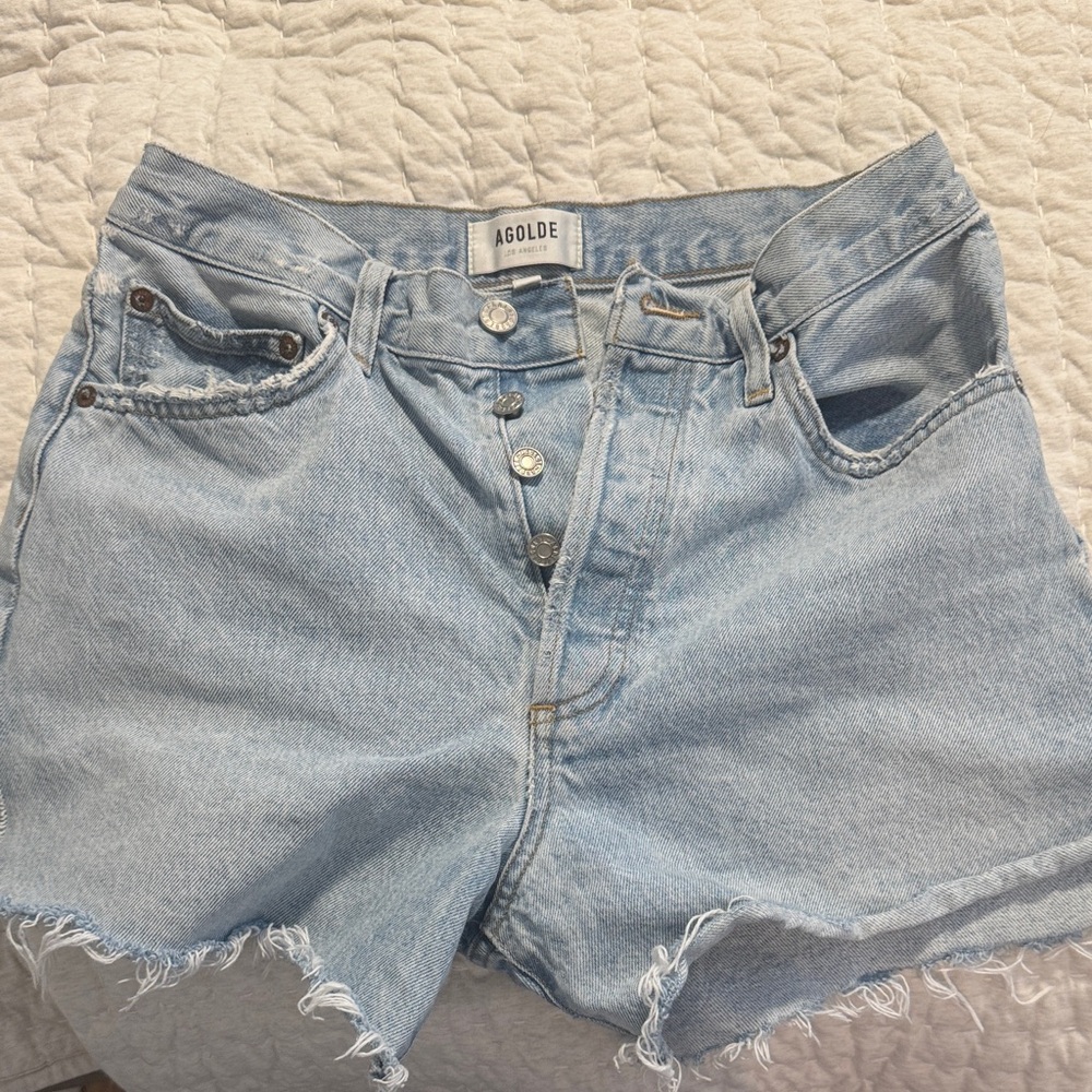 Agolde Sky Blue Frayed Hem Jean Shorts